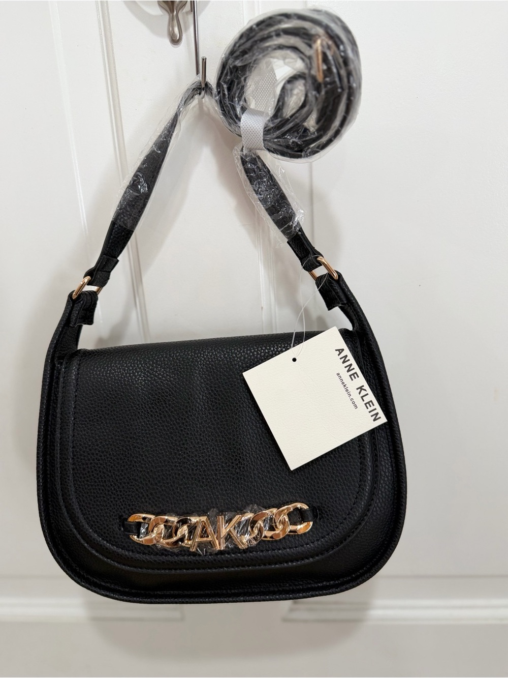 Anne Klein Black Pebbled Crossbody with Gold Chain Logo Accent